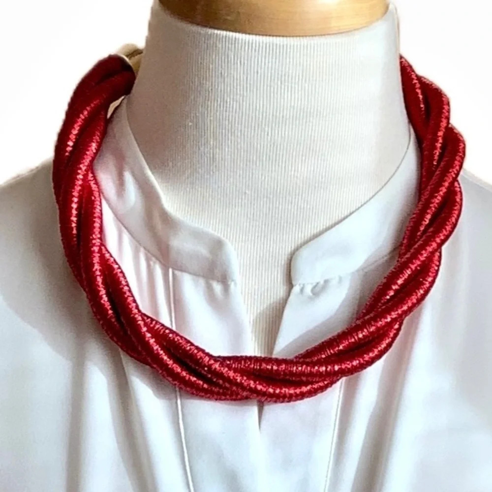 VINTAGE Red Twisted Rope Choker Statement Necklace